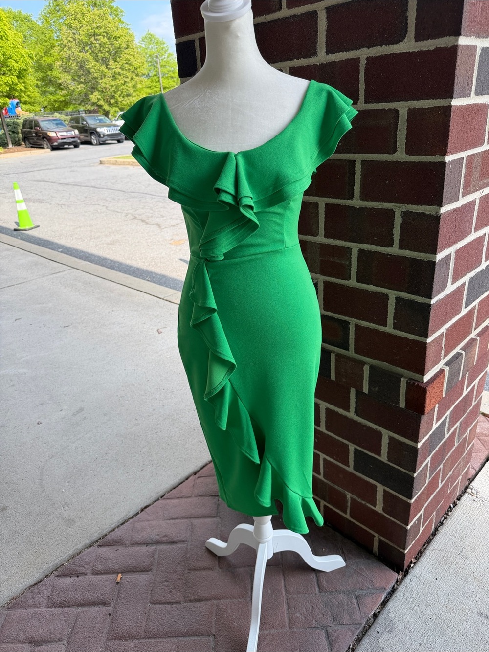 Green Ruffle Sheath Dress - Women's Elegant Midi